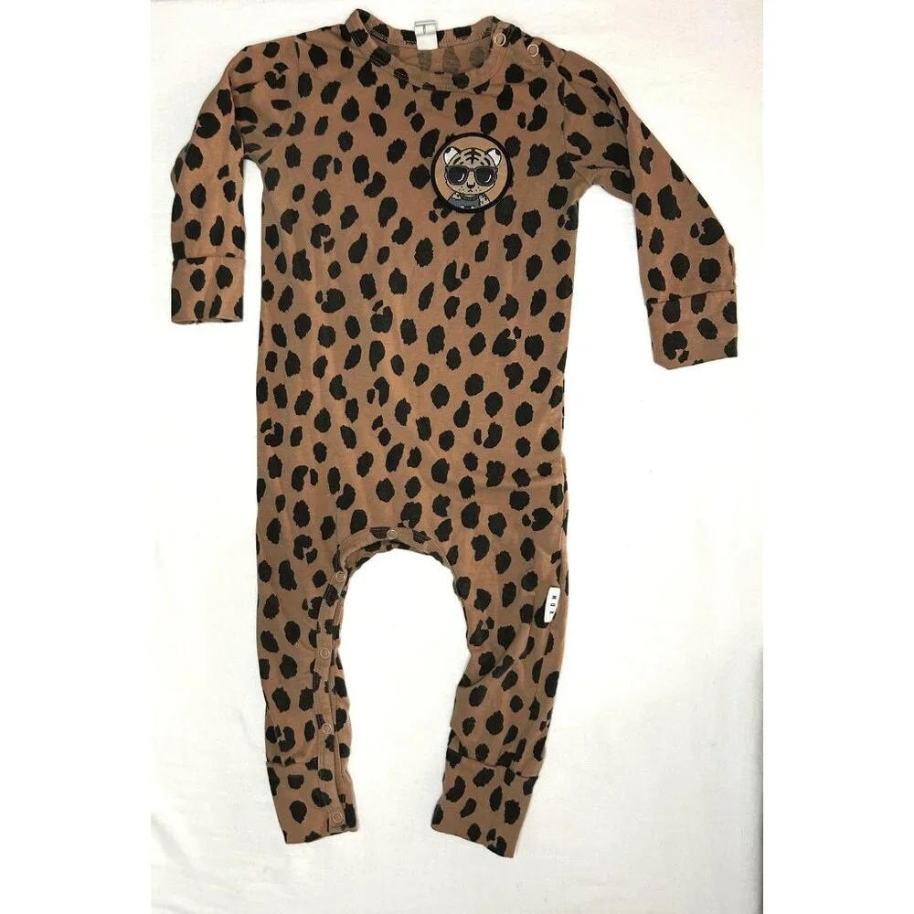 Huxbaby Romper Baby‎ 12-18 Months Brown Leopard Print Cat Patch Organic Cotton